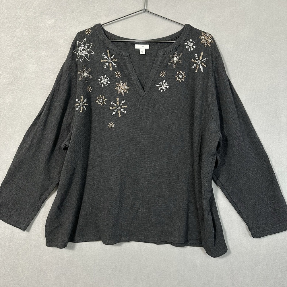 J Jill Lightweight Waffle Knit Top Sweater Gray Snowflakes Women's Size 4X Plus